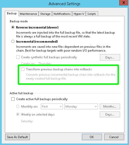 VBR v10 Backup Mode Transform to rollback