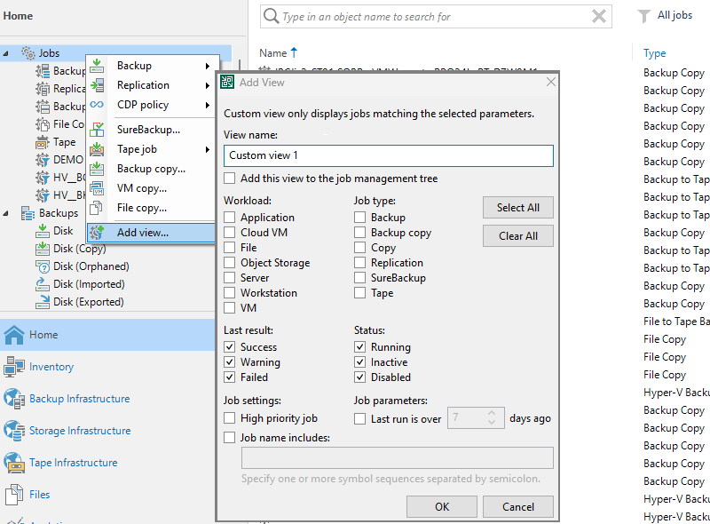 VBR Console Job Management View