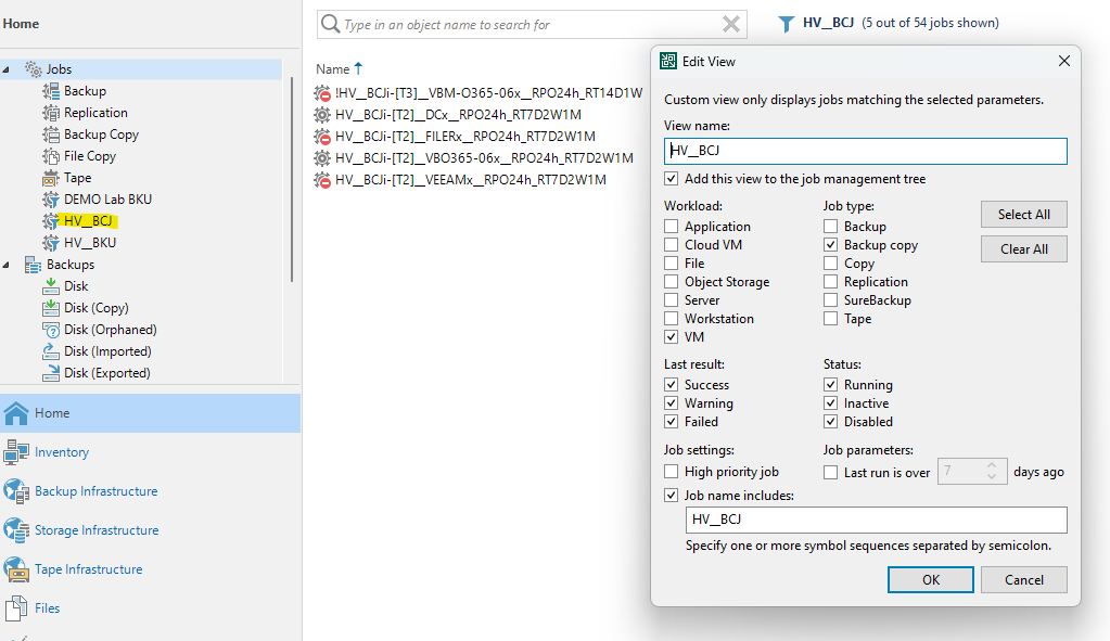 VBR Console Job Management View - Beispiel