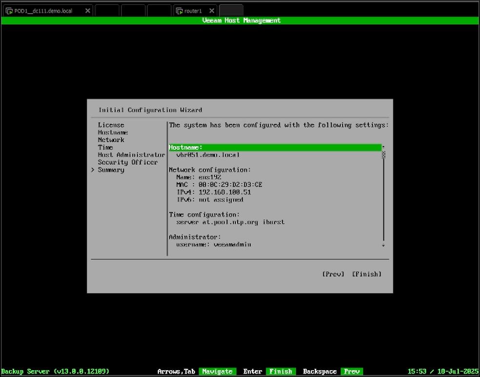 VBR v13 Beta 2 Abschluss der Konfiguration in der TUI