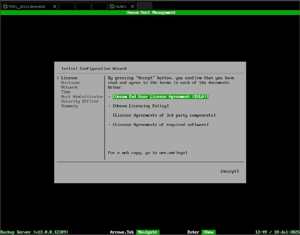 VBR v13 Beta 2 TUI EULA - Achtung: wer diese pflichtbewusst lesen moechte hat dann uU. ein Thema wieder zur Konfiguration zurueck zu kommen - allenfalls Reboot oder noch besser diese Dokumente bei Bedarf ueber den angegebenen Link lesen