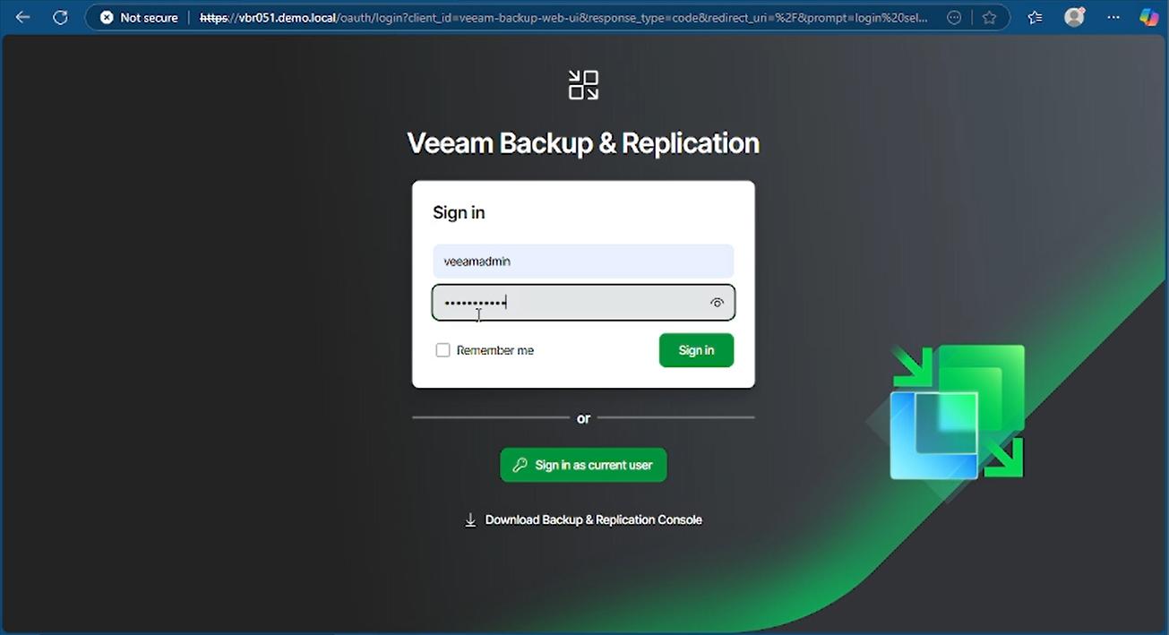 VBR v13 Beta 2 Web-Console Login - mit Download-Moeglichkeit der unveraender notwendigen Windows Console