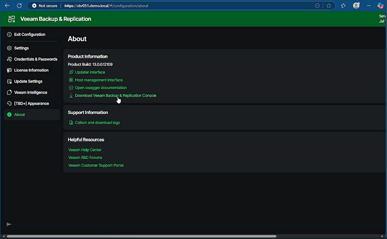 VBR v13 Beta 2 Web-Console Settings - About