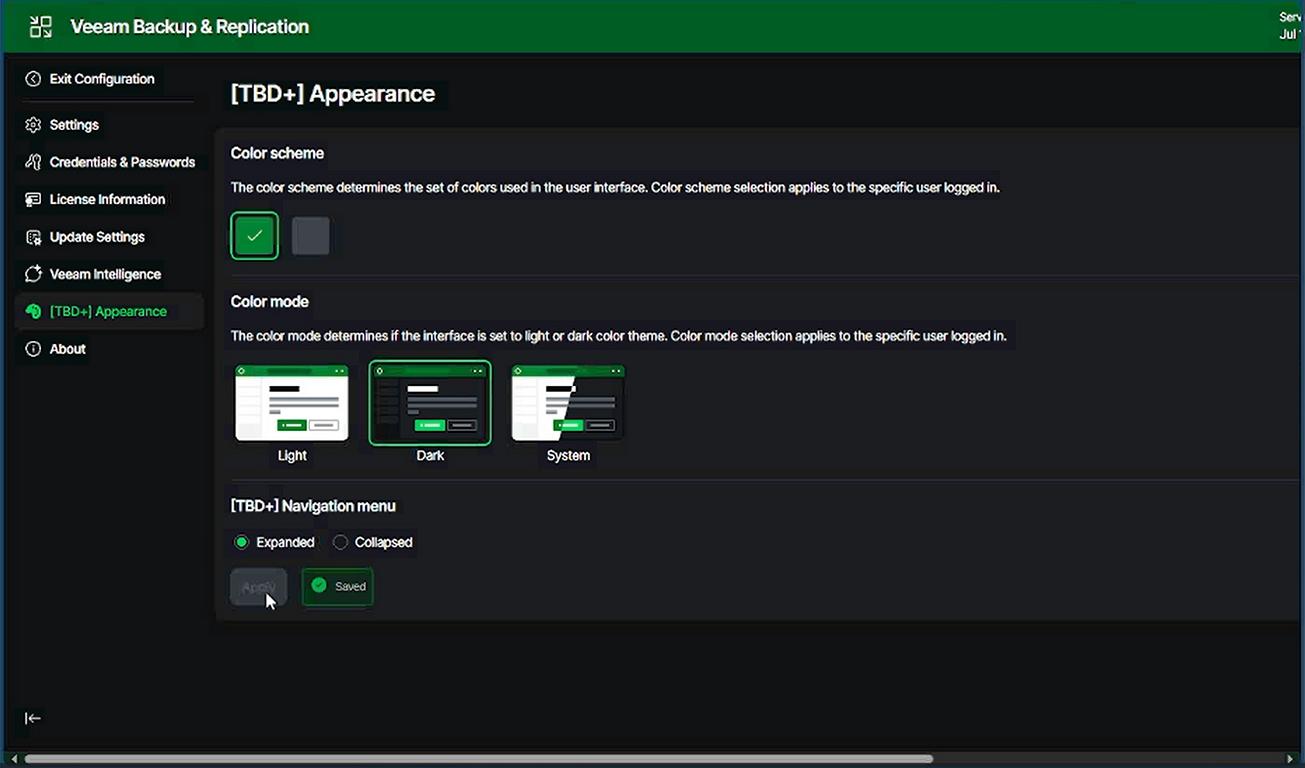 VBR v13 Beta 2 Web-Console Settings inkl. Dark Mode