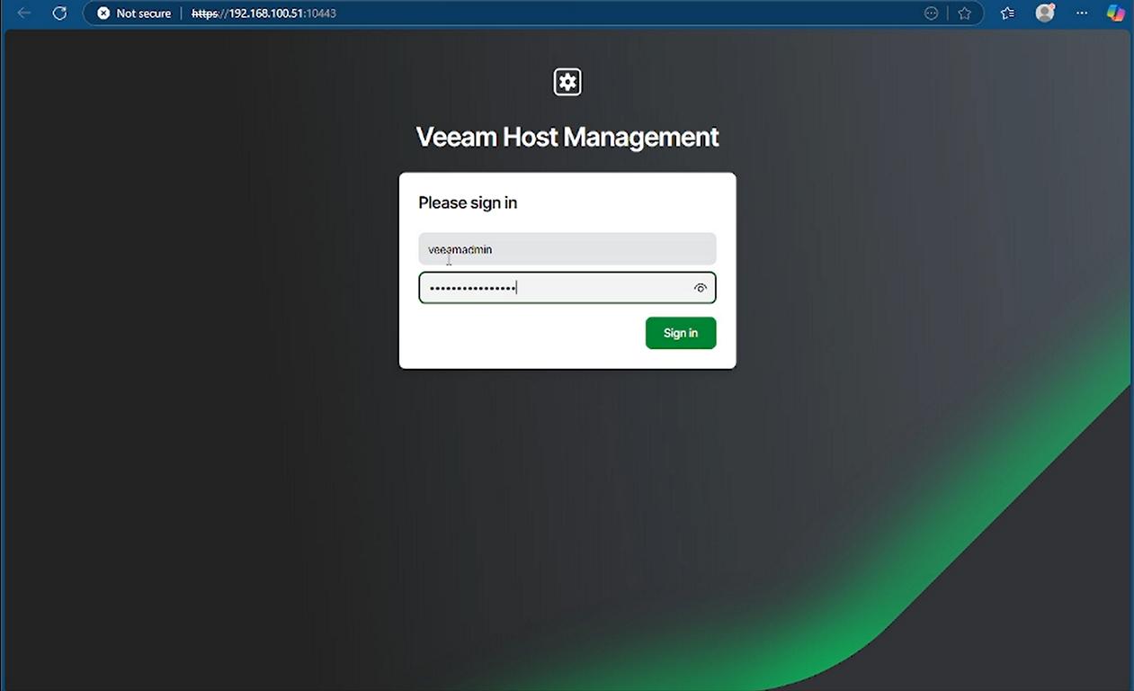 VBR v13 Beta 2 Web-TUI Logon des veeamadmin mit Username und Passwort