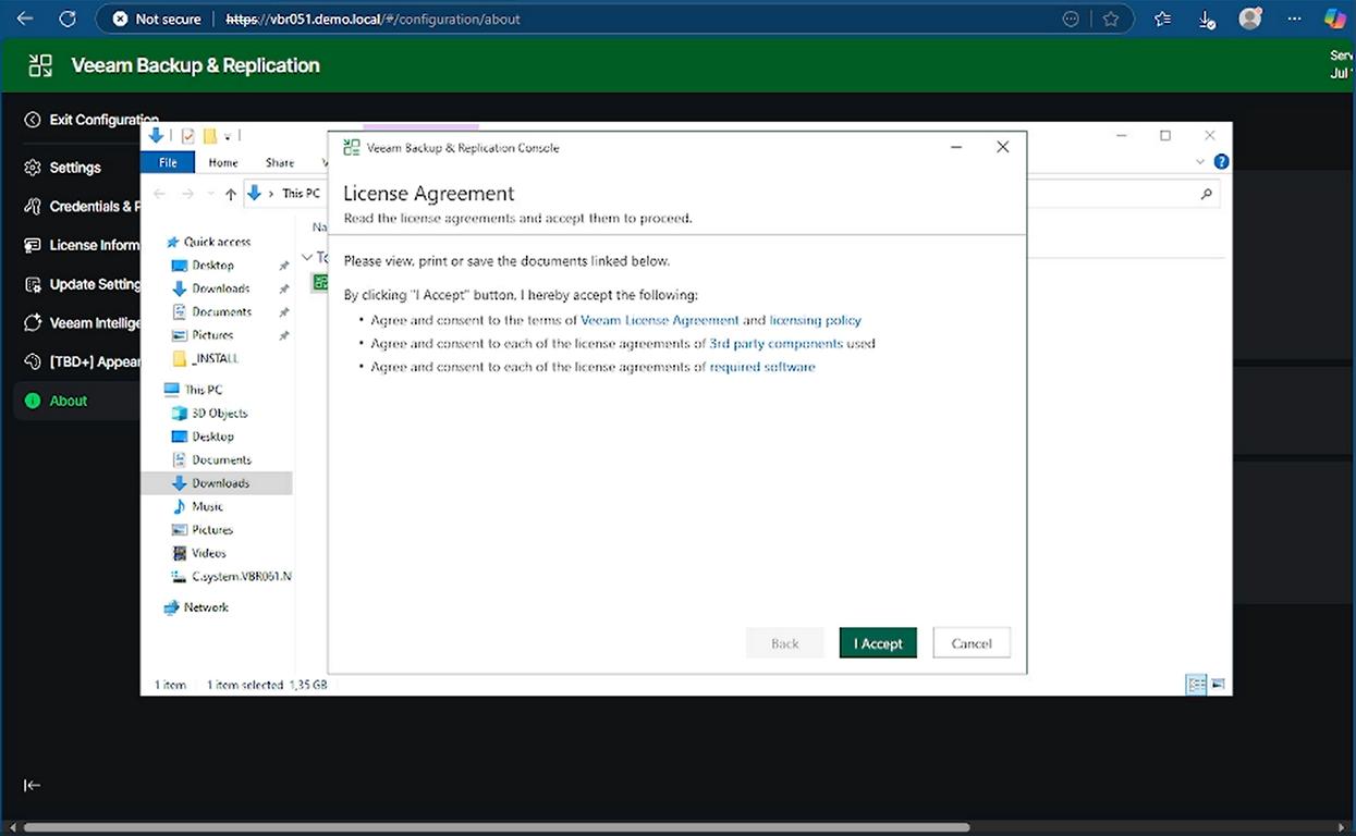 VBR v13 Beta 2 Windows Console Installationsbeginn mit EULA