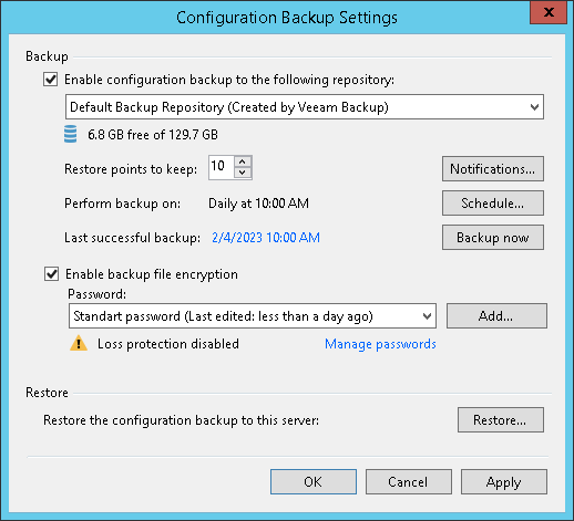 Die aktuelle VBR Config manuell ueber Klick auf Backup Now sichern